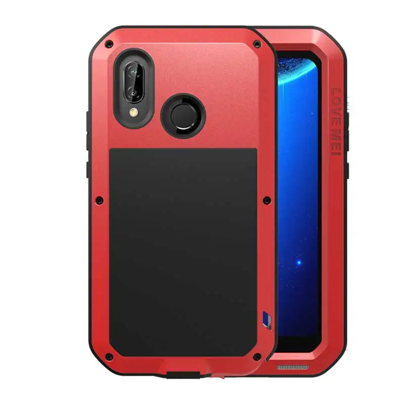 Чехол Love Mei Armor для huawei P20 Lite P20 Pro противоударный алюминиевый металлический чехол для huawei P20 закаленное стекло полная защита - Цвет: Red