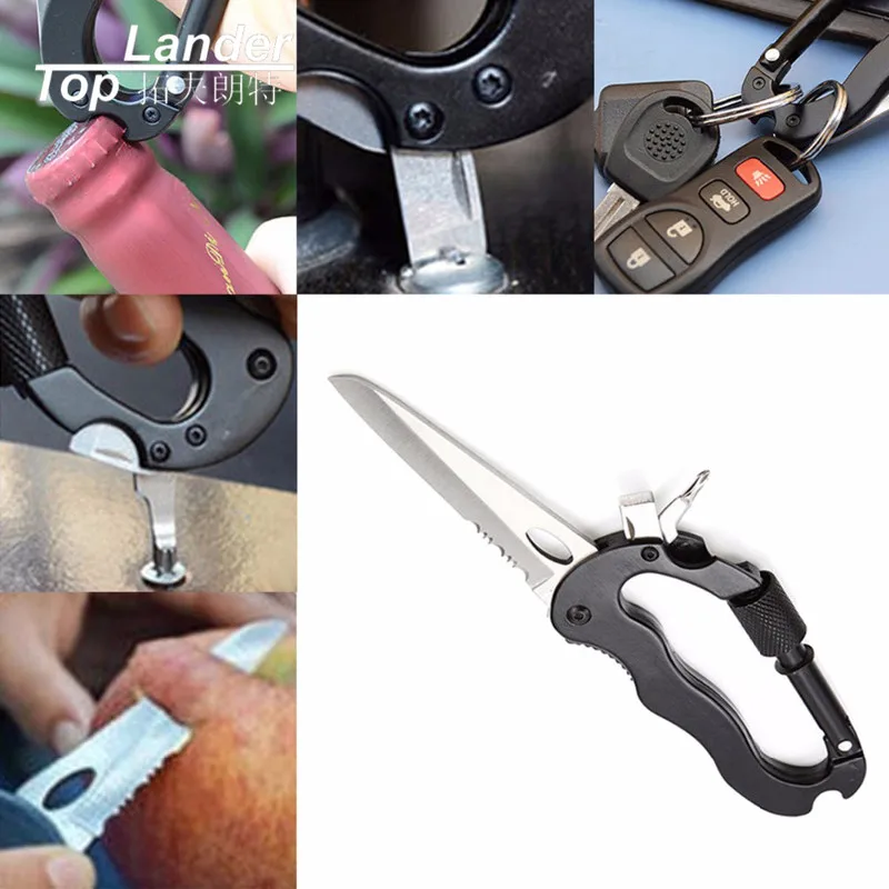 

5 in 1 Multi Functional Stainless Camping Carabiner Climbing Clip Hook KeyChain Crabiner Knife EDC Tool Carabiners Key Chains