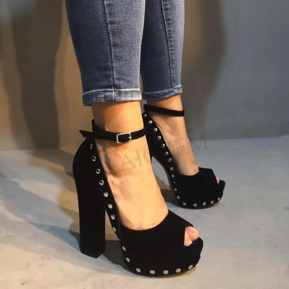 LAIGZEM STYLISH Women Sandals Faux Suede Chunky Sandals Studded Black PARTY Ladies Handmade Shoes for Woman Big Size 34-47 (3)