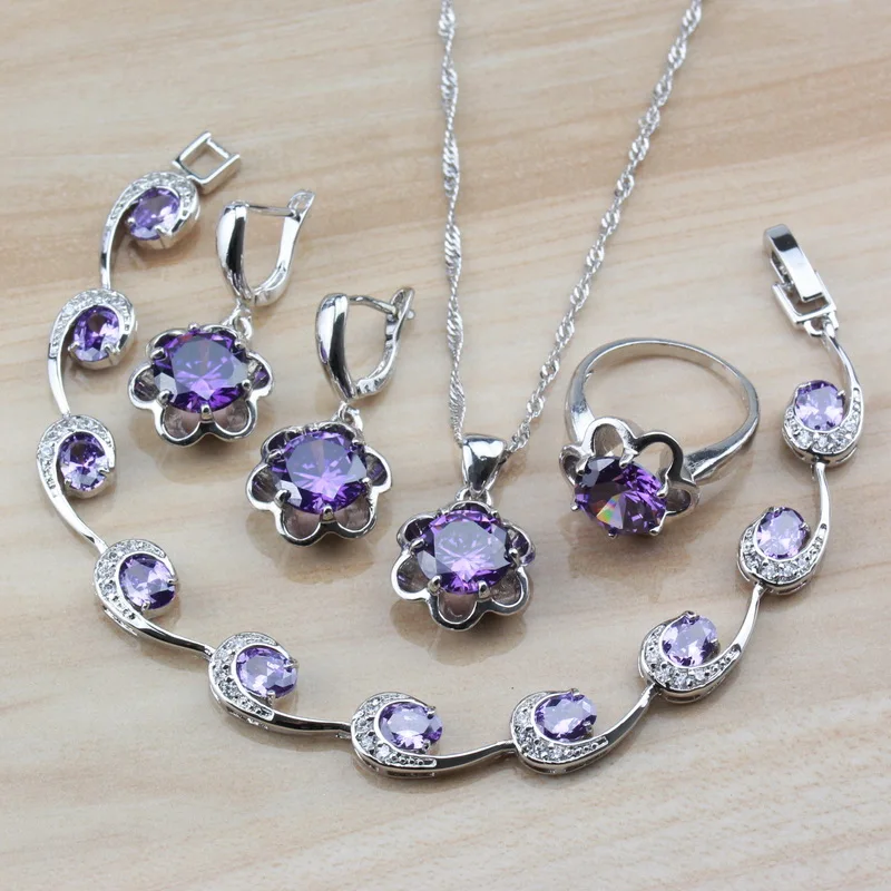 

Simple Flower Natural Purple Crystal 925 Silver Jewelry Sets For Women Romantic Wedding Costume And Independent Gift Box