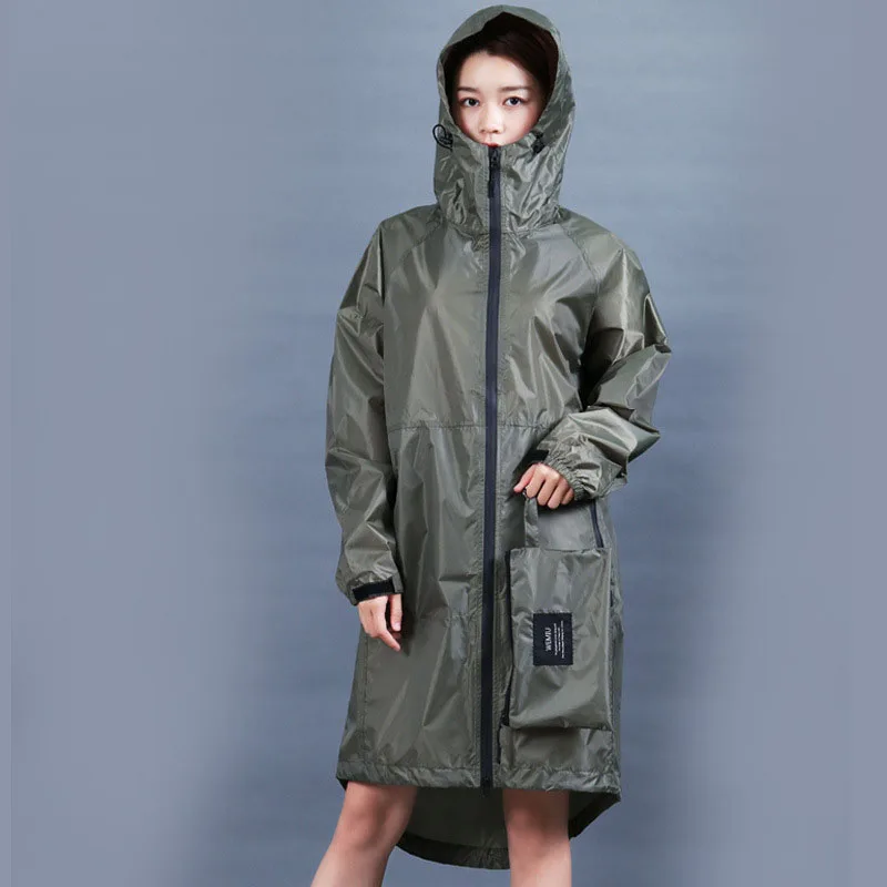 

Olive Military Women Raincoat Hooded Long Rain Jacket Breathable Rain Coat Poncho Outdoor Rainwear Lady Raincoat Dress windbreak