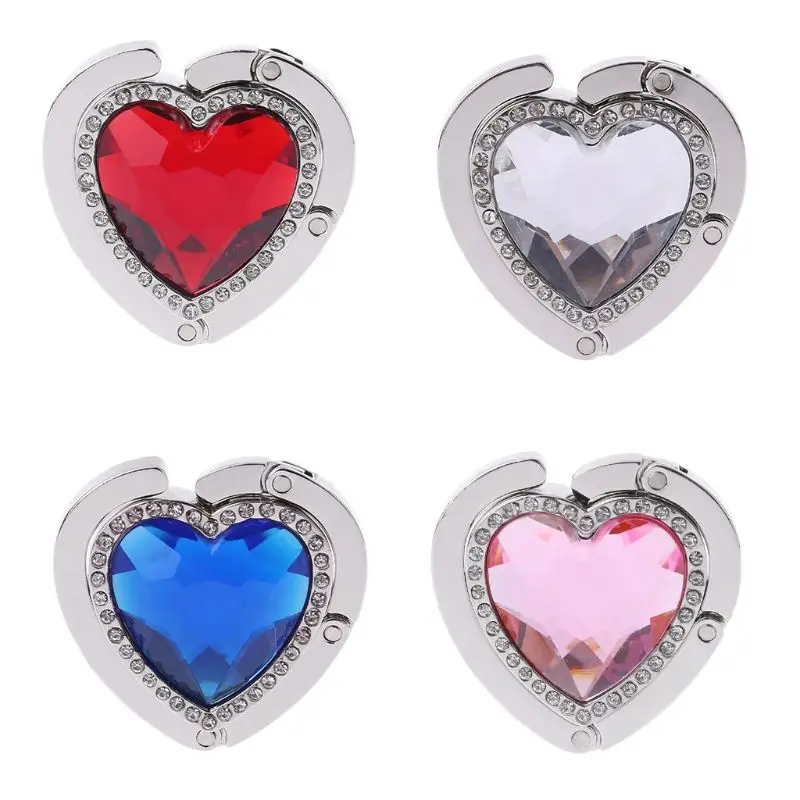 

Heart Shape Rhinestones Folding Handbag Purse Tote Bag Hanger Holder Table Hook Home Use Multi-Purpose Hooks