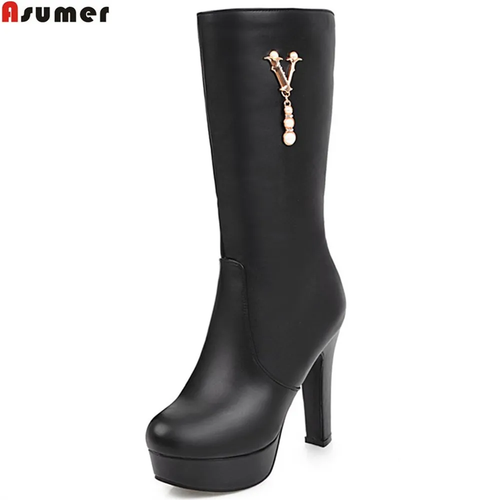 

ASUMER hot sale new arrive women boots black white beige ladies boots round toe platform super high mid calf boots zipper