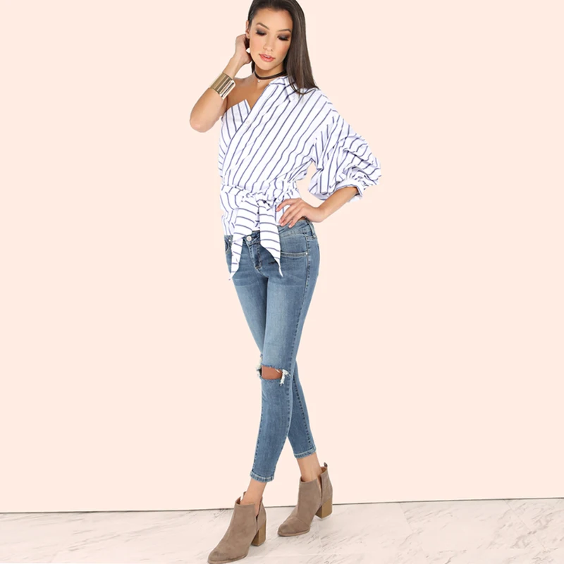 HDY-Haoduoyi-Striped-Women-Blouses-One-Shoulder-V-neck-Half-Puff-Sleeve-Casual-Shirts-Women-Bow(3)