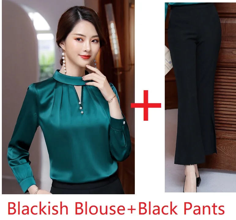 Формальные Топы и расклешенные брюки из 2 частей, женские деловые костюмы, профессиональные офисные женские брючные костюмы, женские блузки и рубашки, комплект - Цвет: Blackish Green