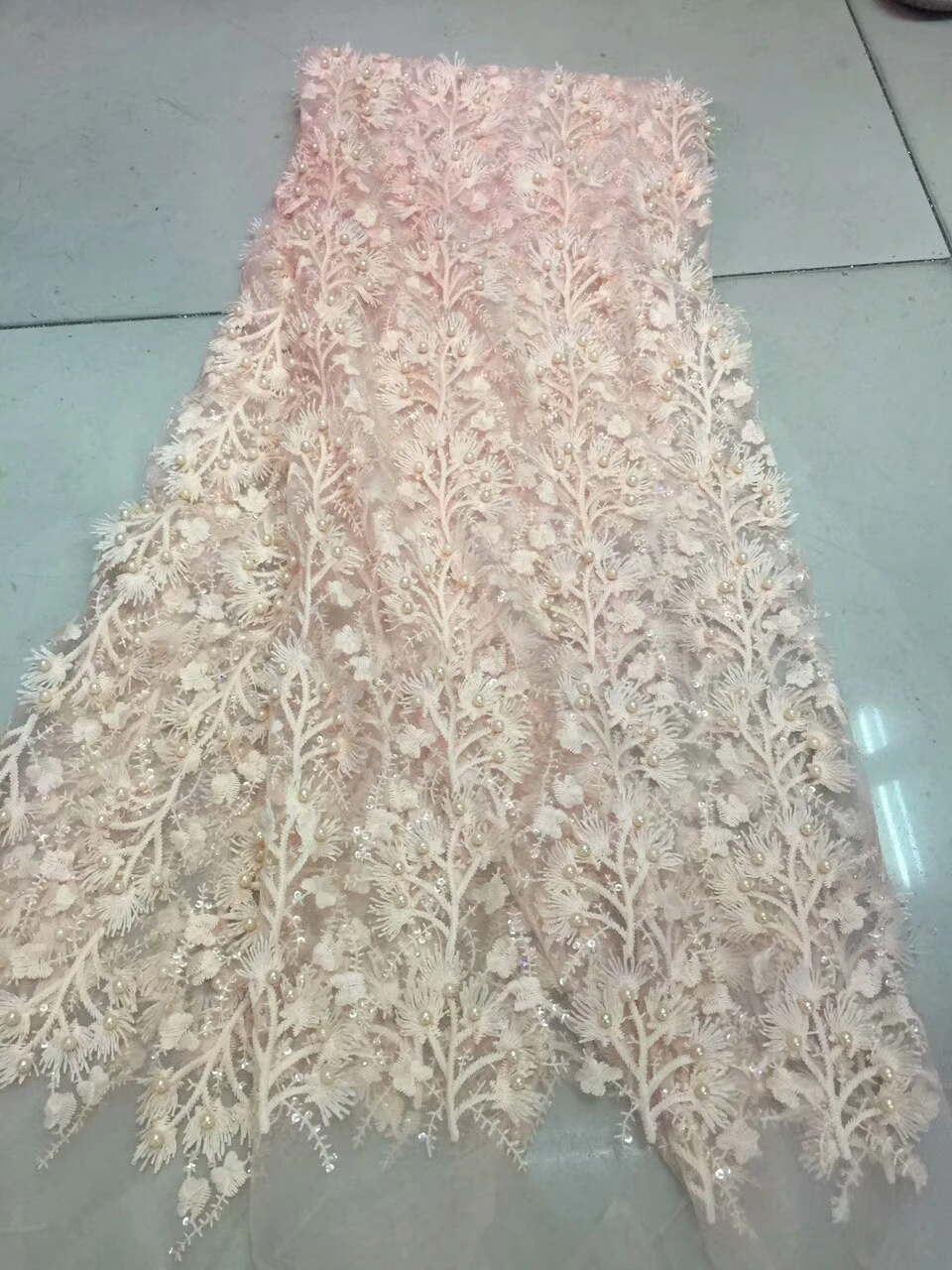 

vory White Wedding Dress Lace Fabric, 3D Chiffon Flowers Nail satin Bead High End European Lace Fabric Free Shipping CXY5