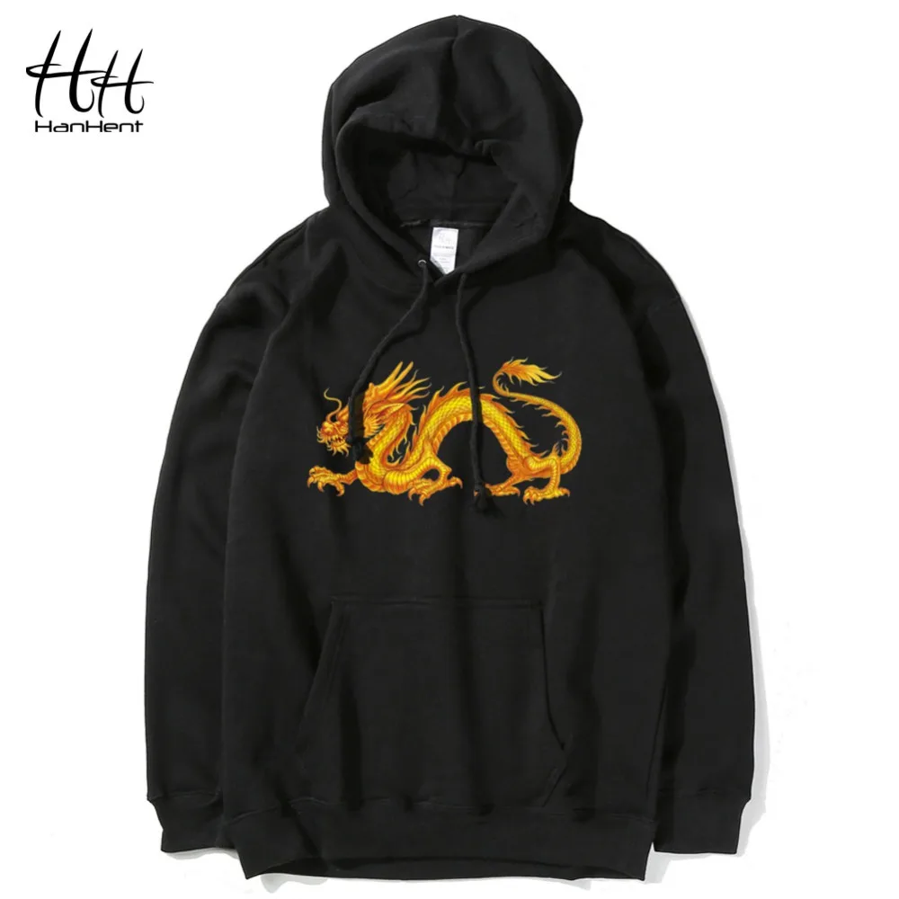 HanHent Chinese Dragon Black Novelty Men's Hoodies Cotton Casual Long Sleeve Autumn Thin
