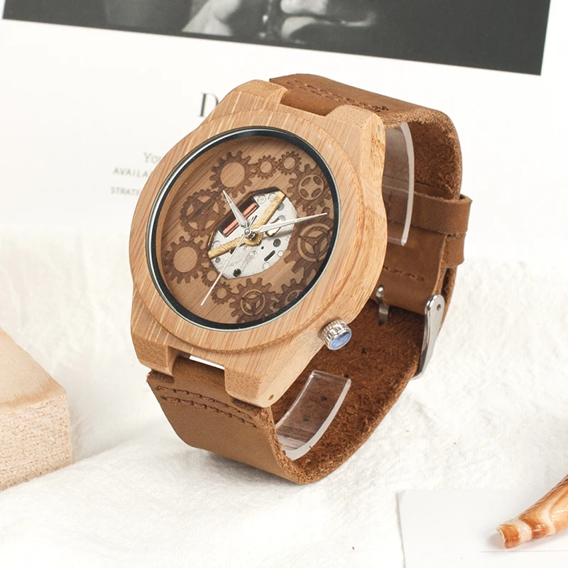BOBO BIRD V-B09 Mens Bamboo Wood Watch 2035 Movement Exposed Design Luminous Hands Quartz Watch montre homme marque de luxe