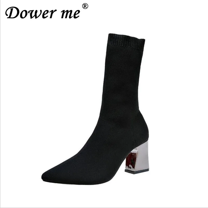 

2019 Fashion Elastic Sock sexy Boots Chunky High Heels Stretch Women Autumn Sexy Booties Pointed Toe Women Pump Size 35-40 black