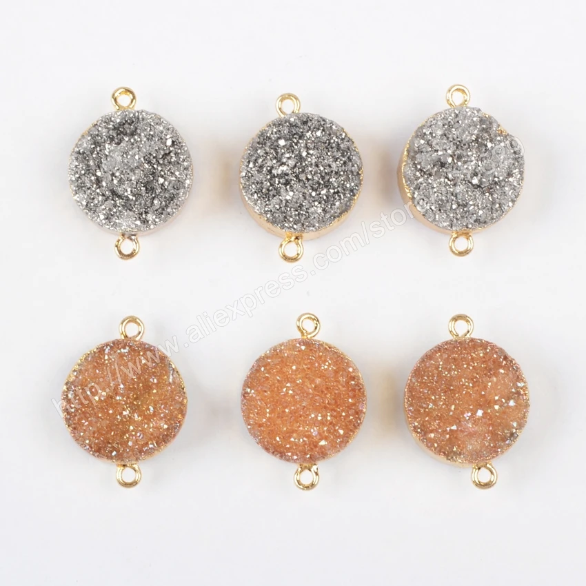 

BOROSA 10pcs Double Side Druzy Round Gold Color Natural Crystal Titanium Champagne & Silver Druzy Connectors Double Bails G1090