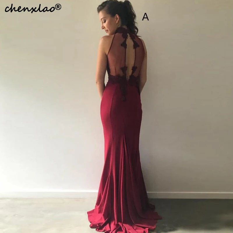 Vestido de festa бордовый платье с высоким горлом, атласное Sheat Длинные свадебные платья Свадебная Кружевная аппликация Свадебные Вечерние