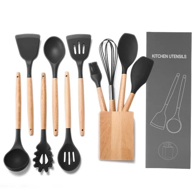 Premium Silicone Kitchen Utensils 10 Piece Cooking Set With Premium Silicone Kitchen Utensils 10 Piece Cooking Set With Bamboo Wood Handles For Nonstick