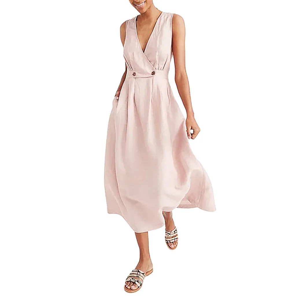 Dresses Woman Party Night Plus Size Maxi Dress Fashion Women Sexy V-Neck Solid Sleeveless Button Beach Party Dress Sundress #B