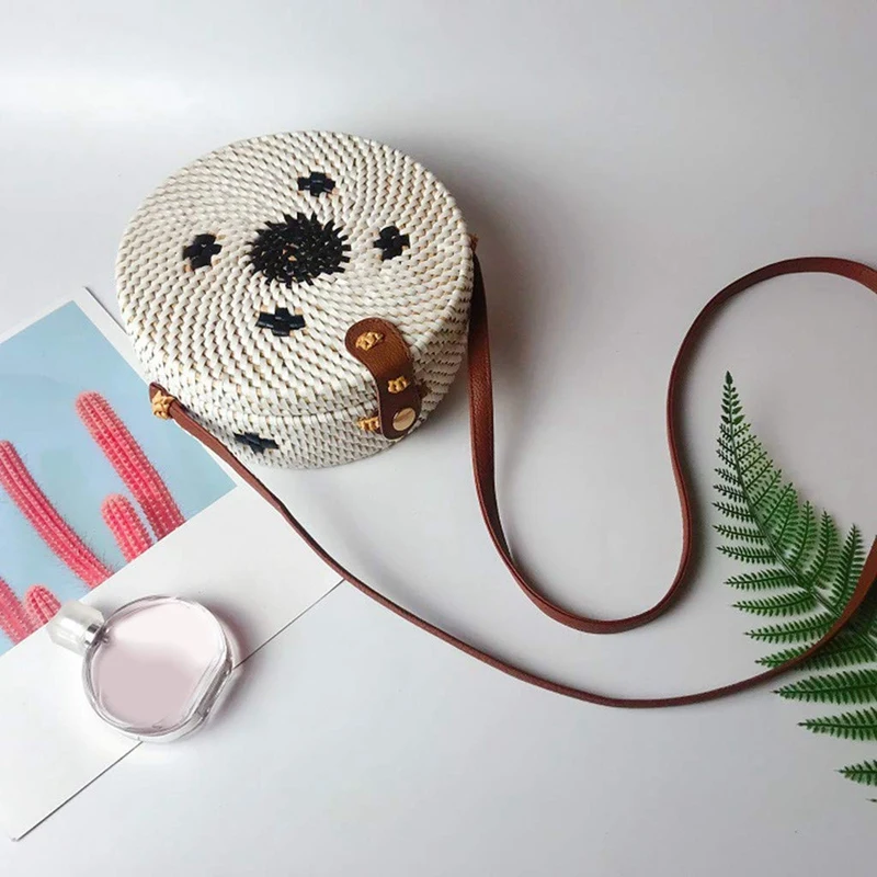 

AUAU-Women'S Cylinder Woven Bag Leather Button Opening Design Messenger Bag Vintage Rattan Grass Beach Multicolor Bag Weaving
