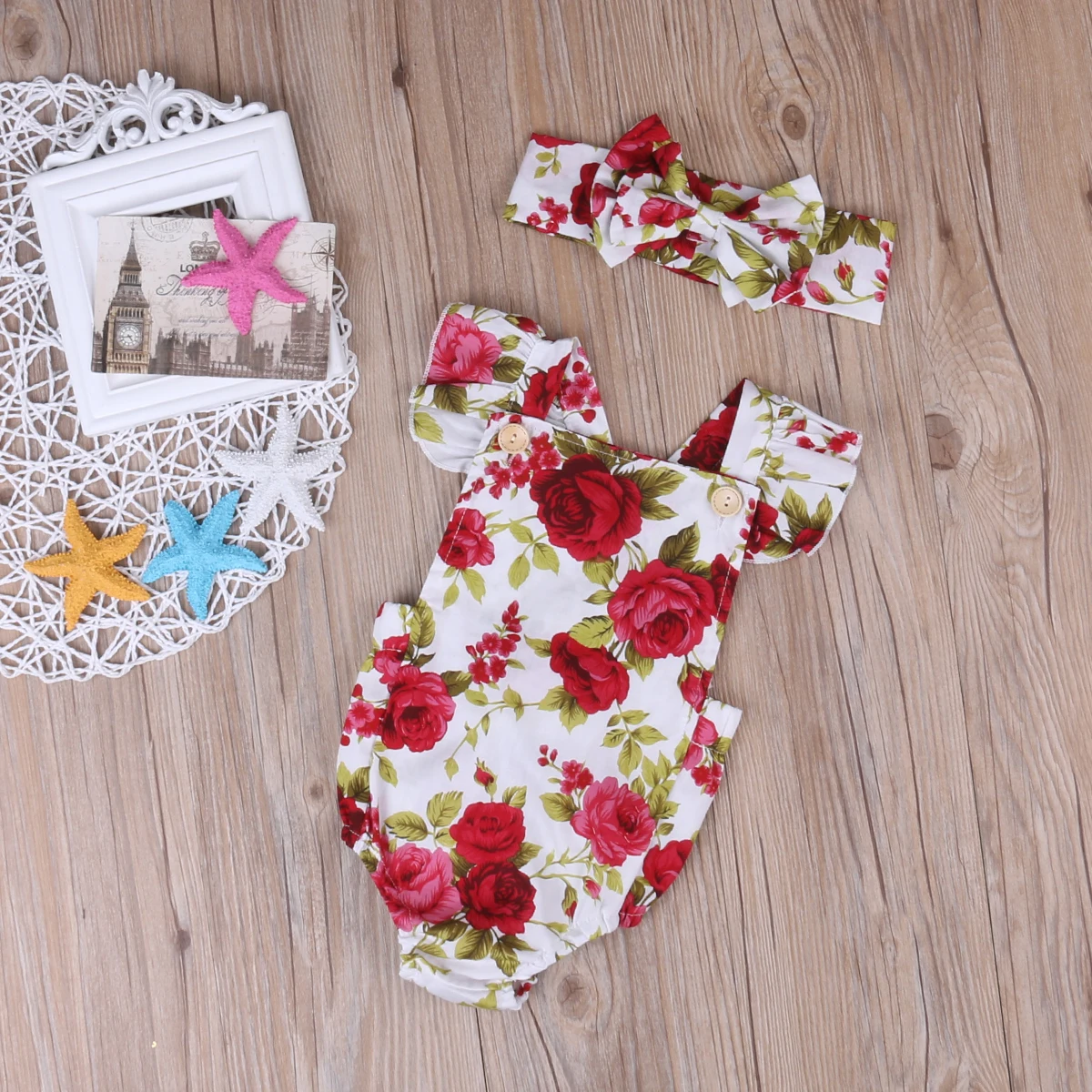 2 шт.! Одежда для новорожденных девочек Комбинезон с цветочным принтом+ повязка на голову одежда для малышей