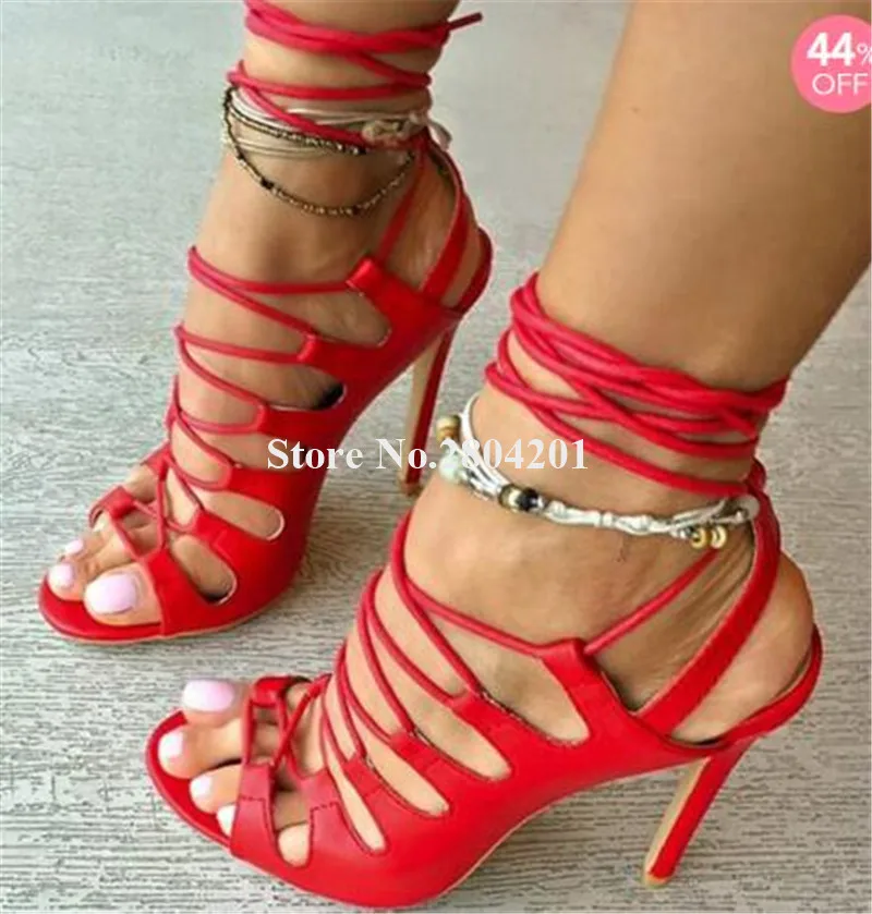 

Women Summer Sexy Solid Open Toe Strap Cross Stiletto Heel Gladiator Sandals Lace-up Red Black High Heel Sandals Dress Heels