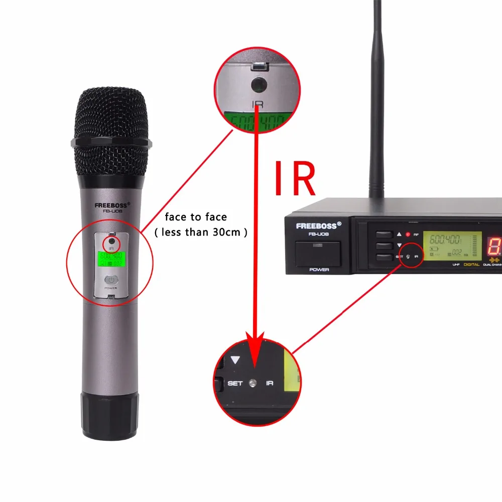 Freeboss FB-U08 2 Way 200 каналов PLL IR UHF беспроводной микрофон с 2 ручками для Karoke KTV вечерние UHF Динамический микрофон