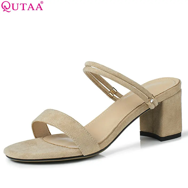 

QUTAA 2018 Fashion Women Shoes Slip on Solid Square High Heel Round Toe All Match Casual Simple Summer Women Sandals Size 34-43