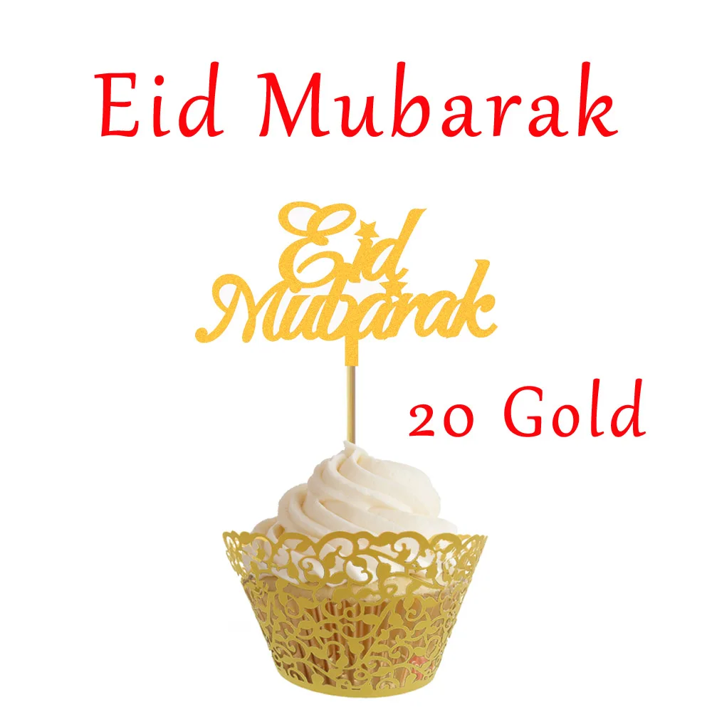 20 шт Блестящий золотистый Серебристый Eid Mubarak Рамадан Мубарак Umrah Mubarak Cupcake For для мусульманского Eid праздничный торт - Цвет: EID Mubarak