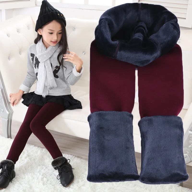 Girls Winter Kids Pants Warm Fleece Gray Cotton Leggings Plain Polyester Skinny
