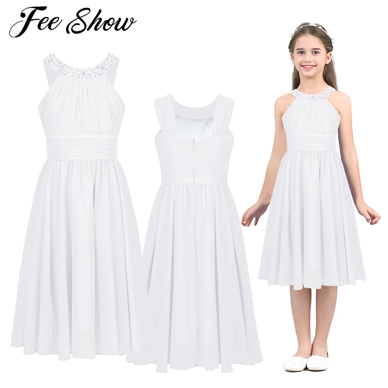 Summer Flower Shaped Rhinestone Girls Costumes Halter Neck Chiffon Dress for Kids Teen Weeding Party Vestidos Princess | Детская одежда