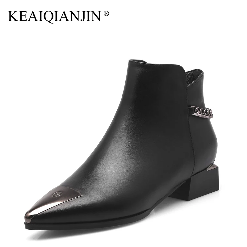 

KEAIQIANJIN Woman Pointed Toe Boots Black Autumn Winter Martens Boots Zipper Chain Genuine Leather Platform Ankle Boots 2017