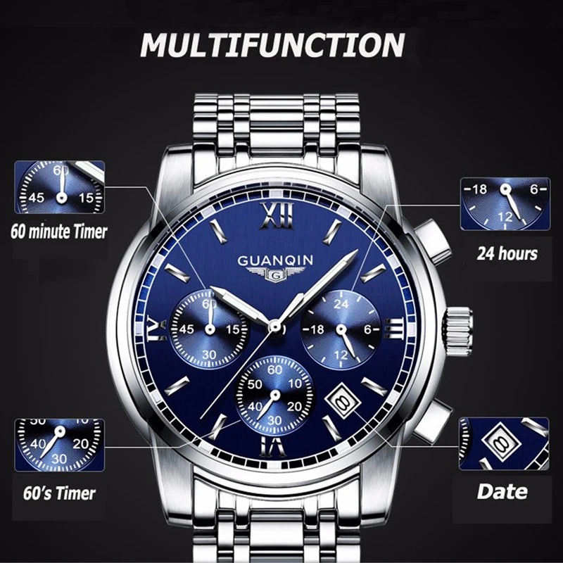 GUANQIN мужские часы Топ бренд Роскошные модные бизнес хронограф кварцевые часы для мужчин Спорт Нержавеющая Сталь Водонепроницаемые наручные часы