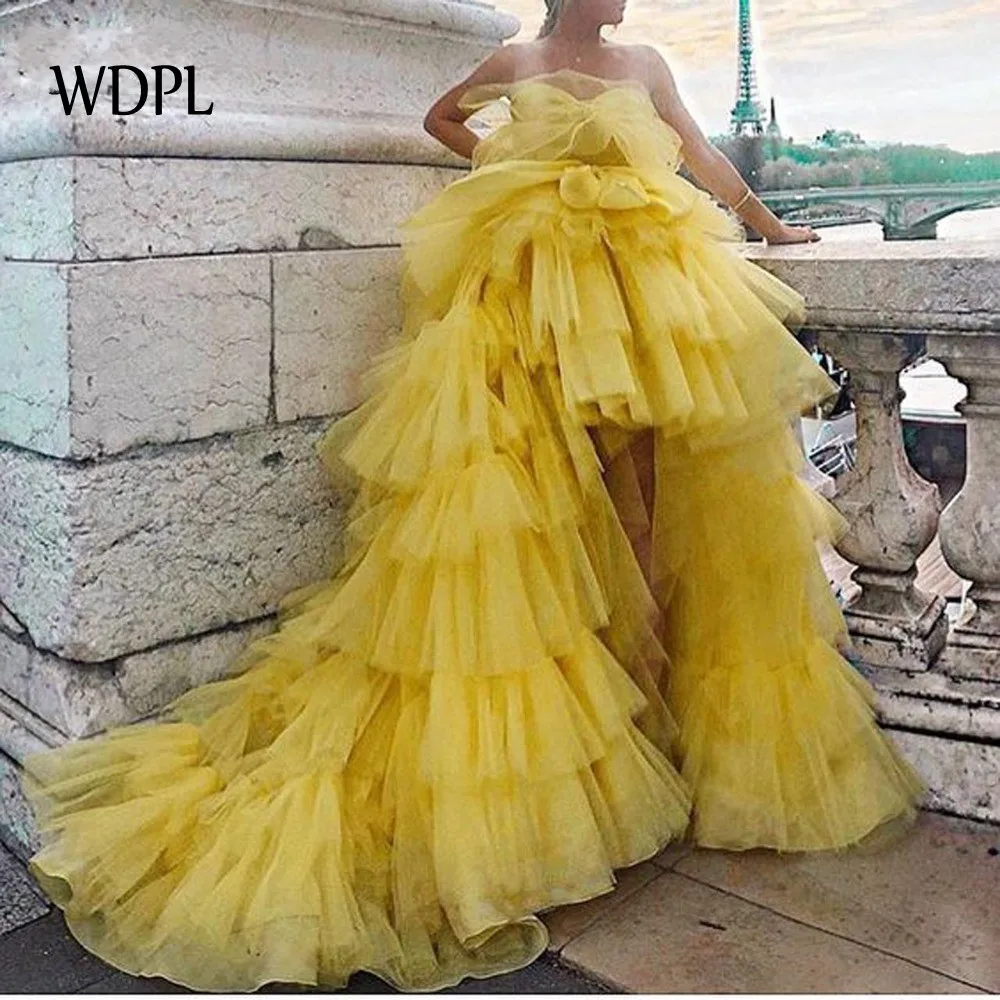 

Luxury Lush Formal Gowns 2019 Fashion Puffy Formal Dresses Hi low Prom Gowns Off Shoulder robe de soiree Custom Formal Dress