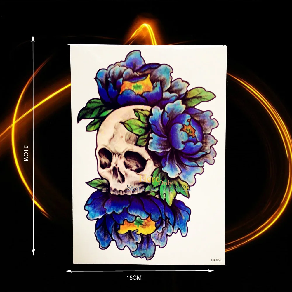 Breloque Henné étanche Tatouage Fleur Bleu Roses Crâne Mort