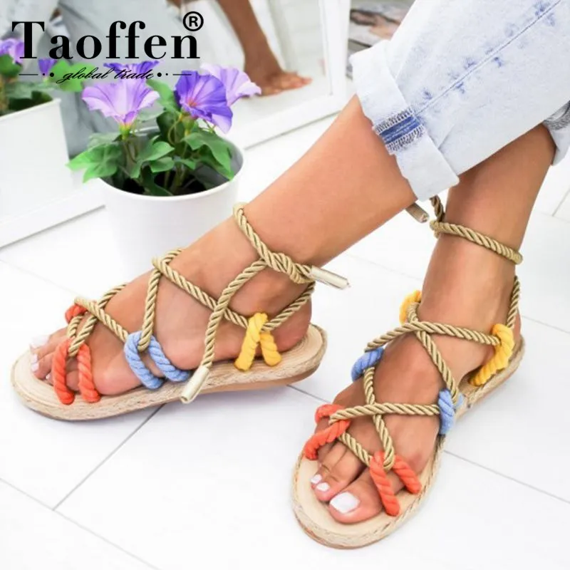 TAOFFEN Women Sandals Lace Up 2019 Hemp Rope Rome Women Sandals Casual Cross tied Women Shoes Flat Sandals Size 35-42