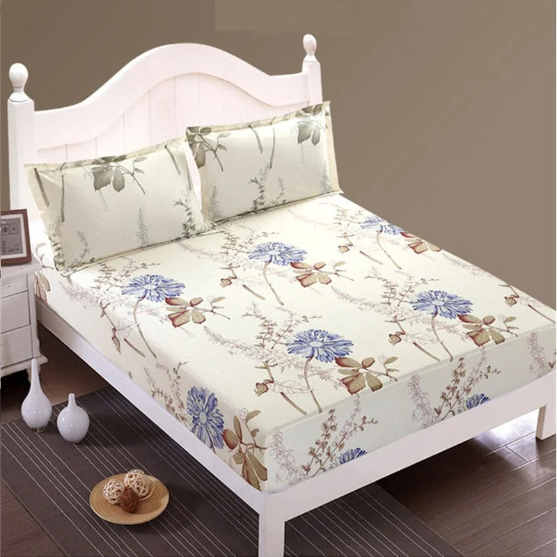  Floral Printed Fitted Sheet and Pillow Case Polyester Mattress Cover Bed Linens Bed Sheet with Elas