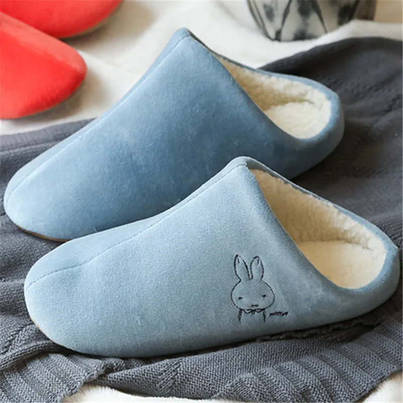 Японские домашние тапочки для влюбленных; коллекция года; зимняя теплая Женская кашемировая домашняя обувь; тапочки с милым кроликом и вышивкой для мужчин и гостей - Цвет: blue men
