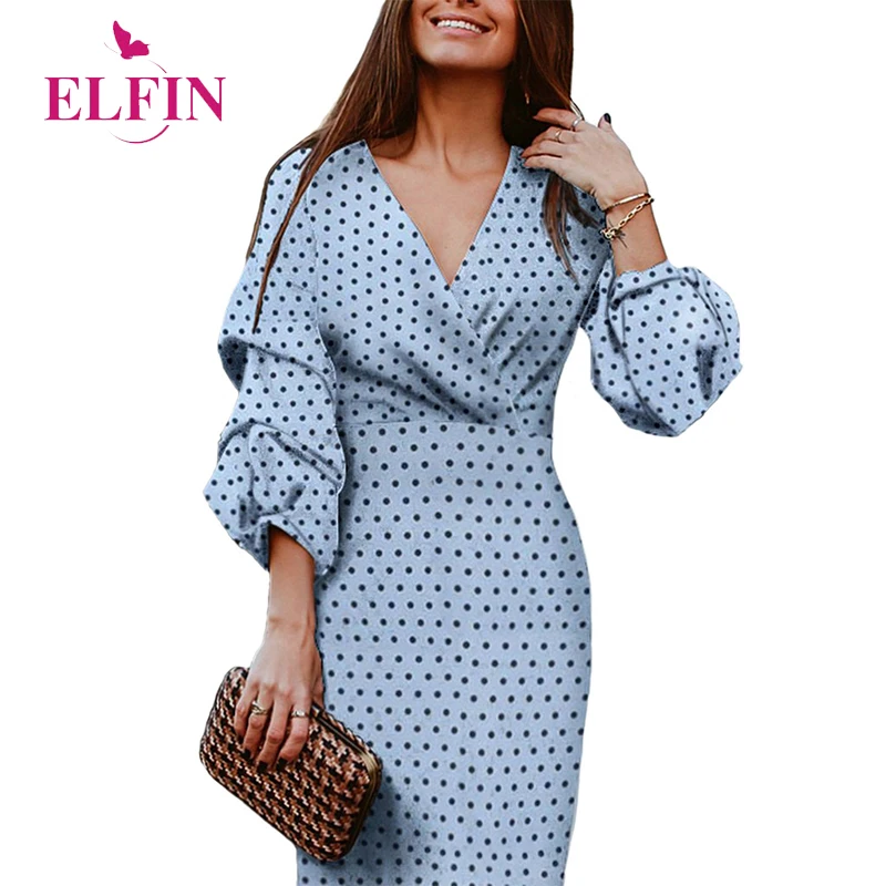 

Vintage Polka Dot Dress Women Lantern Sleeve Fall 2019 Elegant Party Dresses Bodycon Robe Femme V Neck Vestidos Autumn SJ3434R