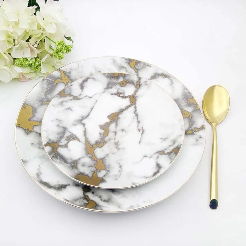Ceramic Plate Gold Dish Marble Tray Dinner Plate Set Round Steak Tray Luxury Tableware Round Dish Food Christmas 1set