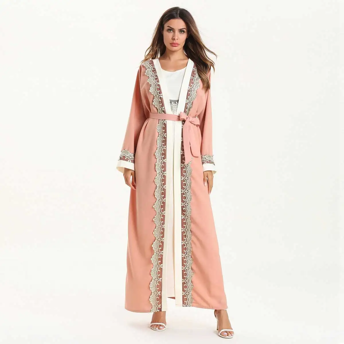 

Women Long Sleeve Embroidery Lace Up Dress Muslim Abaya With Sash Summer Maxi Open Stitch Dubai UAE Arabic Ramadan Robe VKDR1528