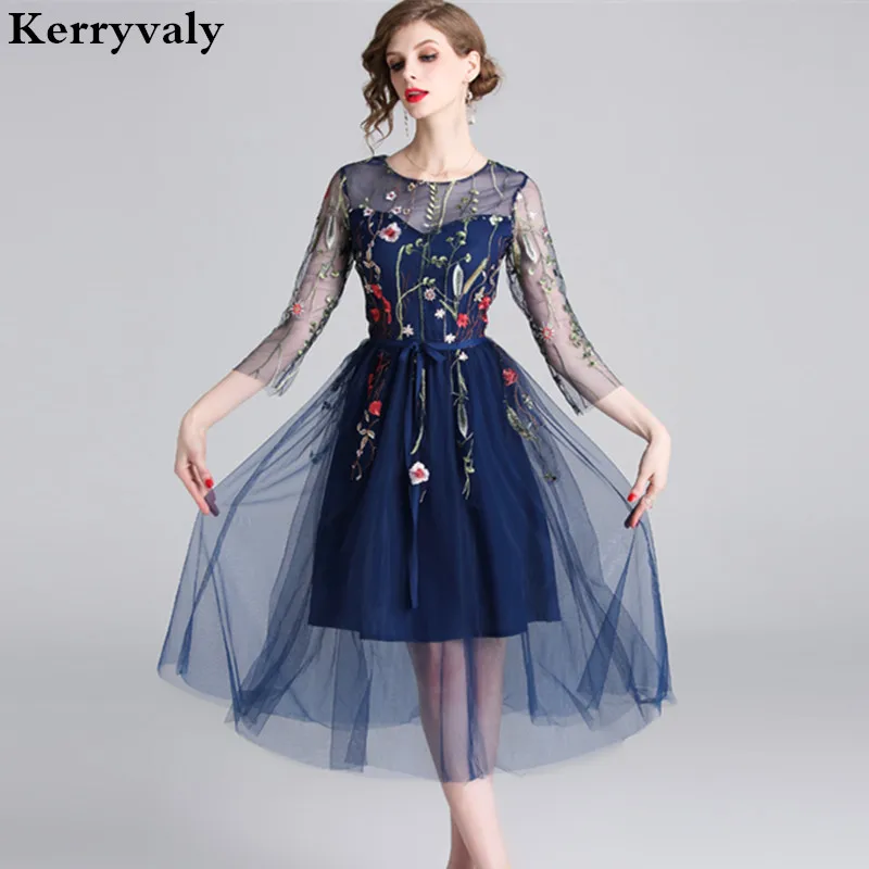 

New Style Summer Noble Celebrity Midi Party Dresses Vestidos Mujer Verano 2019 Embroidery Lace Gauze Women Dress Sukienki K6515