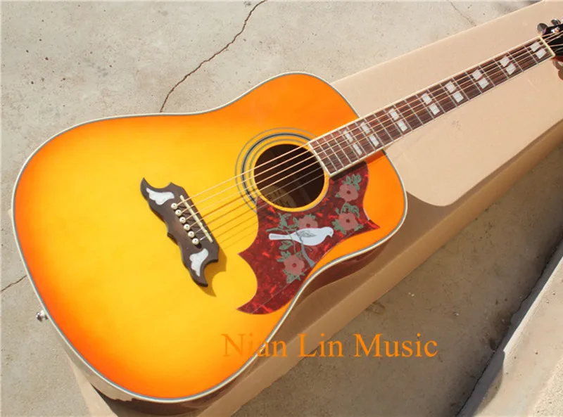 

6-String Acoustic Folk Guitar,Yellow Color Body,White Binding,Bird Pickguard,Mahogany Back and Side,can be Customized
