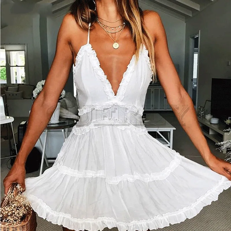 

Cuerly sexy white bohemian beach dress women ruffled v neck sundress 2019 summer skater mini dresses backless female vestidos