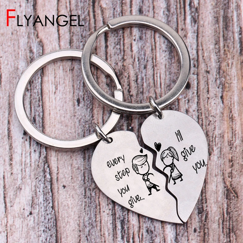 

2 PCS Cartoon Lover Stick Figure Lettering Key Chains Engraved Every Step You Give I'll Give You Keyring Lover's Couples Key Tag