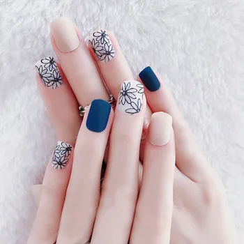 

Fashion 24pcs Short Full Cover False Nails with Glue Flower Pattern designs Blue Matte Acrylic Fake Nails Simple Faux Ongles