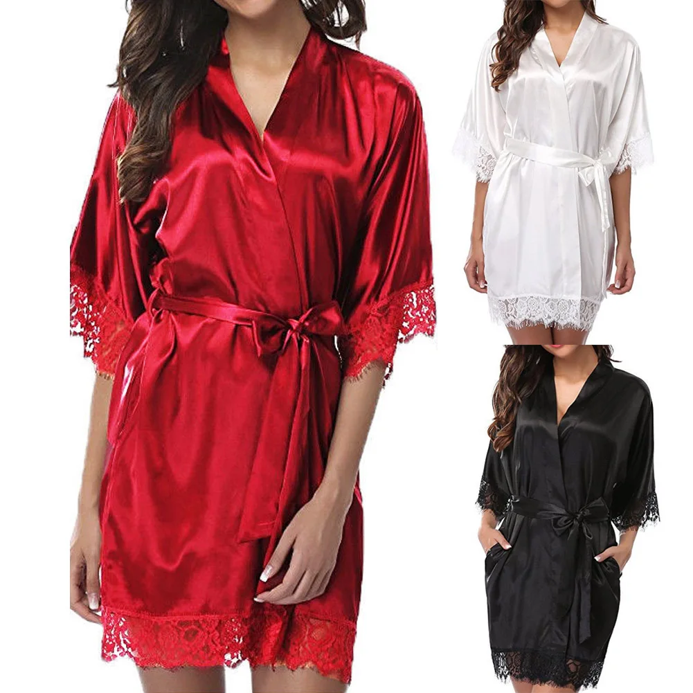 Fashion Women's Satin Silk Sleepwear Lingerie Night Wear Ladies Solid Lace Patchwork Bandage V-neck Nightgown Nightdress