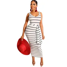 Sexy Sleeveless Striped Dress 2019 Summer New Women's Lace Up Dress Black White Striped Dress form fitting striped shell dress