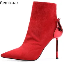 Ботинки на тонком металлическом каблуке 10 см; женские ботильоны с острым носком на молнии; Bottes; Цвет черный, красный; удобная стелька; уникальные женские ботинки на тонком каблуке