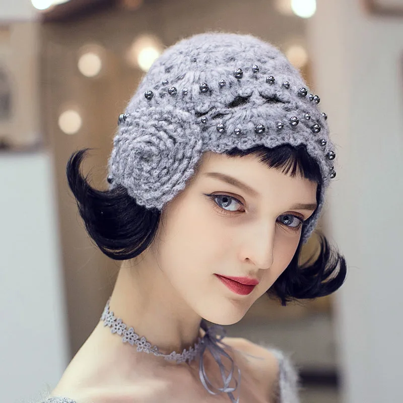 [DEAT] Spring Summer Woman Stylish New Listing Solid Color Knitting Spliced Imitation Pearl Earmuffs Beret Hat LD99