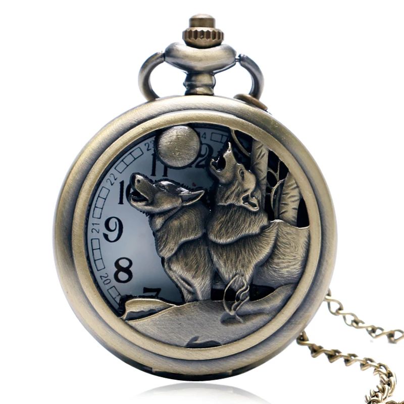 Ретро Бронза Прохладный Волк и луна Дизайн карманные часы Для мужчин Цепочки и ожерелья цепь кулон Awesome Повседневные часы Для женщин