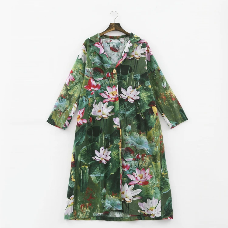 Long Linen Coat Notched Long Sleeve Arabic Pakistan Muslim Abaya Women