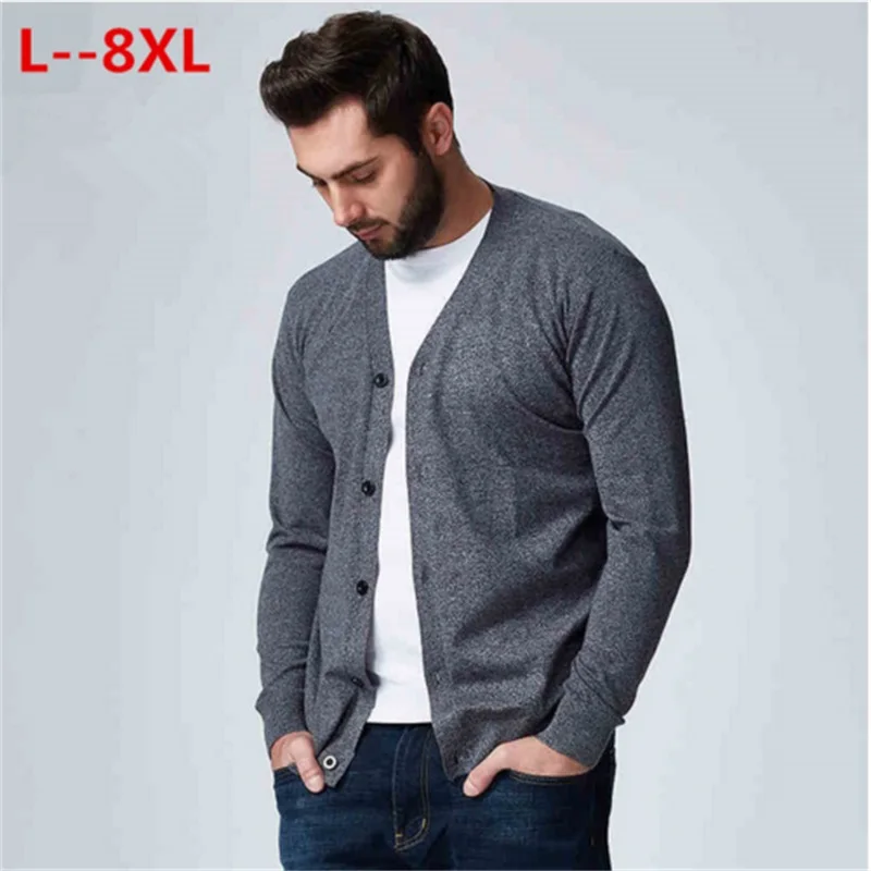 8XL 7XL 6XL осенний мужской свитер, Повседневный свитер с v-образным вырезом и пуговицами, Хлопковый вязаный кардиган с длинным рукавом, облегающий мужской разноцветный свитер - Цвет: gray