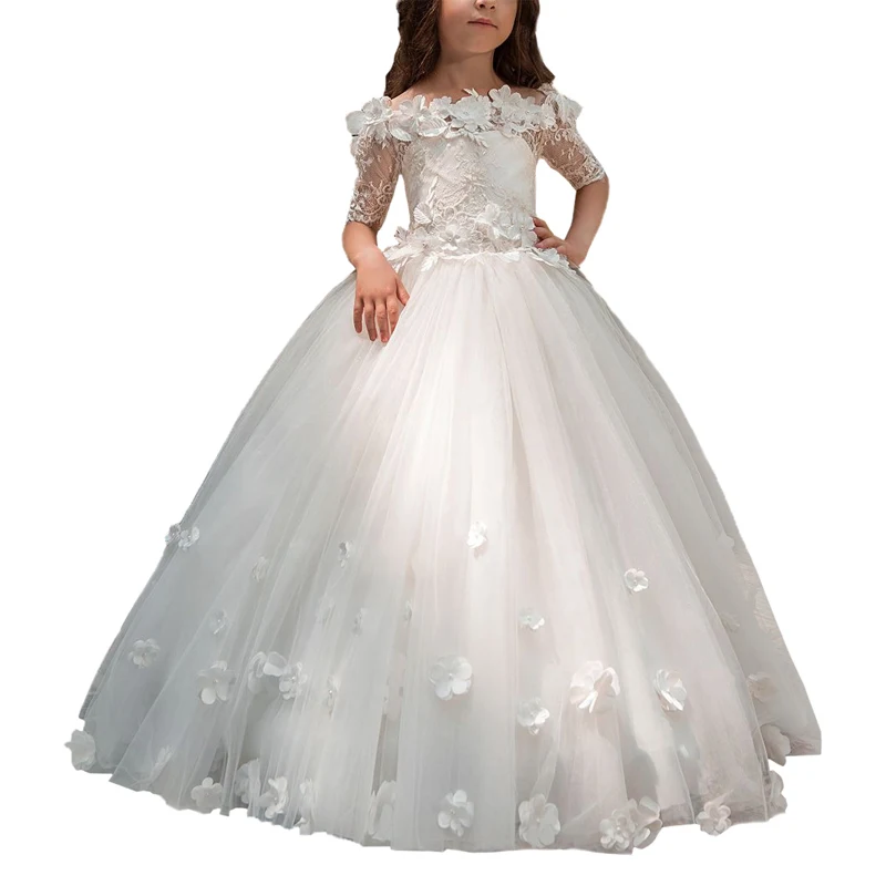 Abaowedding/платья для первого причастия для девочек; Бальные платья из тюля с короткими рукавами для детей; Длинные Кружевные Платья с цветочным узором для девочек - Цвет: Ivory