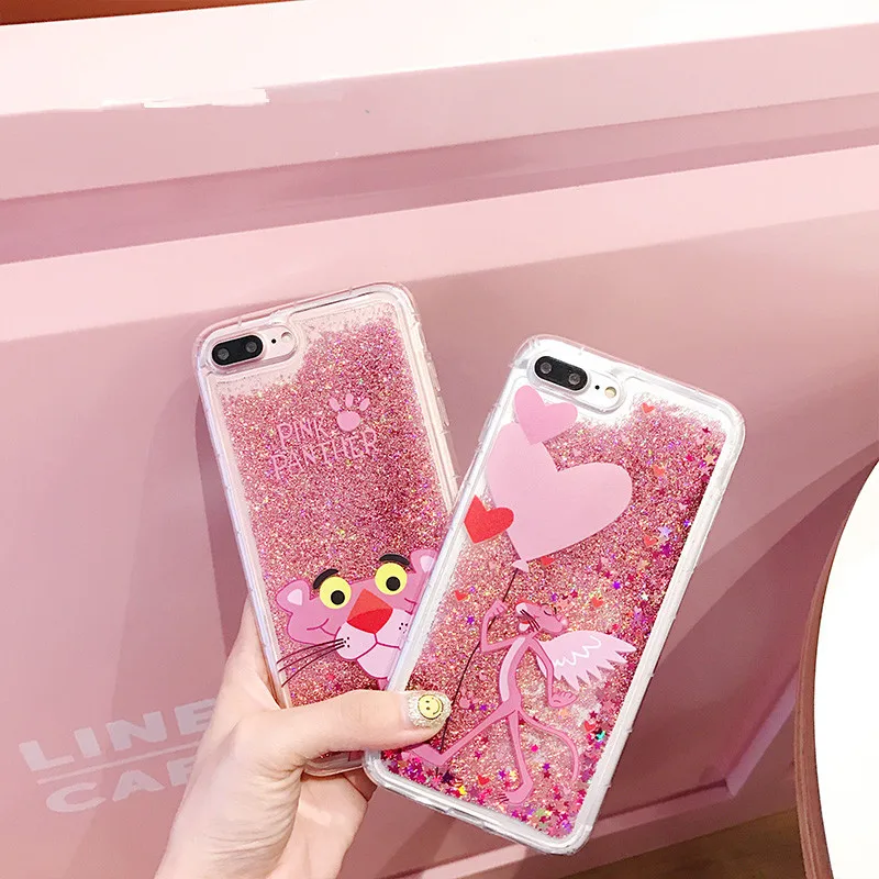 

Cute Cartoon Pink Panther Bling Glitter Phone Case For iPhone 7 7 Puls 6 6S 7 8 Puls Cases Pink Liquid quicksand Back Cover