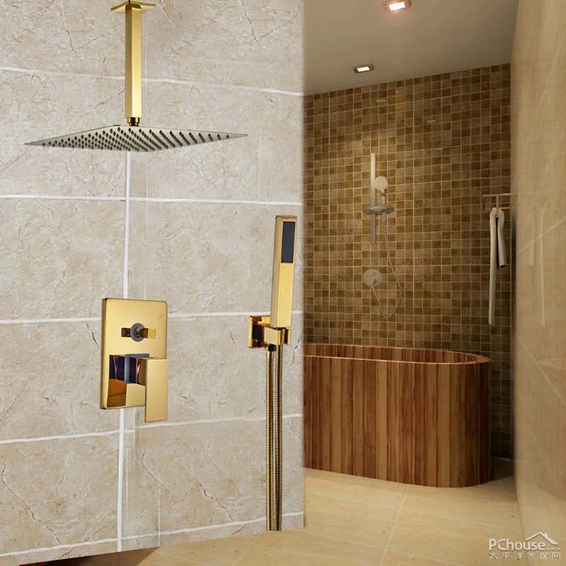 

Luxury 10" Ultrathin Rain Showerhead Bathroom Shower Set Faucet with Handshower Sprayer Golden Color